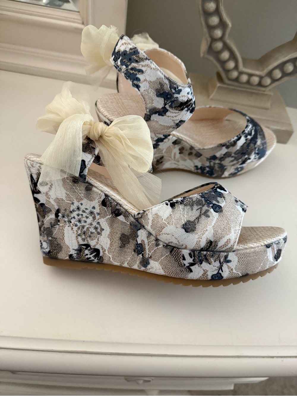 Floral Lace Wedge Sandals with Cream Bow Accent